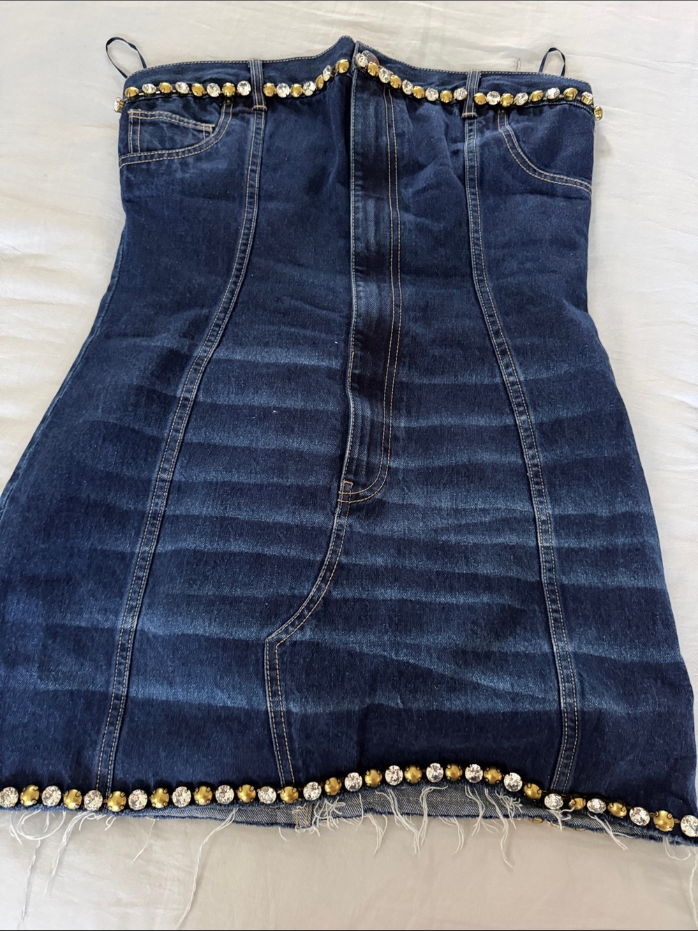 AREA Dark Blue Denim Strapless Mini Dress with Gold Crystal Trim